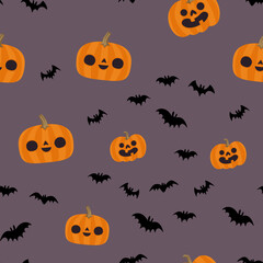 Pumpkins and bats halloween pattern. Seamless texture with cute and funny illustrations.