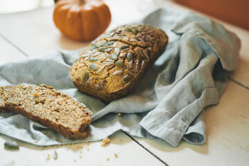 Rectangular pumpkin bread. Selective focus
