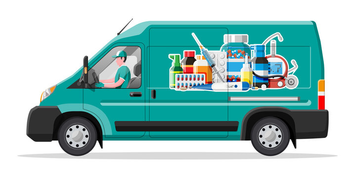 Van For Delivery Pharmaceutical Drugs. Green Drugstore Truck. Internet Pharmacy, Oline Order. Medical Assistance, Help, Support Online. Health Care. Vector Illustration In Flat Style