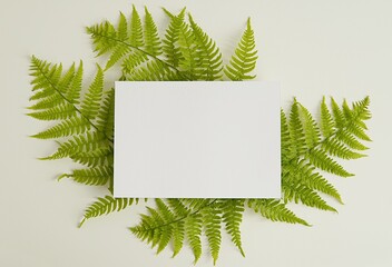 Empty white card on fern leaves, greeting card mockup, summer sale banner, nature concept.