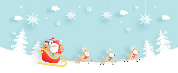 Christmas card, celebrations with Santa and reindeer on a cart, Christmas scene for banner in paper cut style vector illustration. 