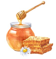 Watercolor honey in a jar with honeycombs on white background. Watercolour food illustration.