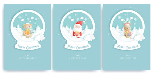 Fototapeta na wymiar Set of Christmas cards and new year greeting cards with cute Santa clause and Christmas elements on a paper snow globe.