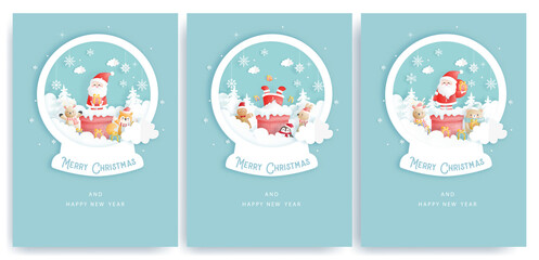 Set of Christmas cards and new year greeting cards with cute Santa clause and Christmas elements on a paper snow globe.