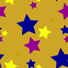 Fototapeta premium Abstract golden modern seamless pattern with blue, yellow, red stars. Vector illustration for packaging, textiles, web design.
