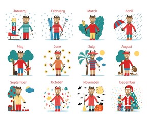 Fototapeta na wymiar Calendar for the Year of the Bull 2021. Twelve little cute bulls will decorate. Cartoon little bull characters set twelve months pictures. Vector illustration.