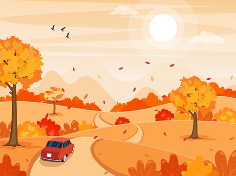autumn fall cartoon Landscape with a car on the road background. trees and hills on the plain. Vector illustration in flat style.