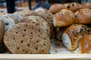 Round cakes on a store counter.