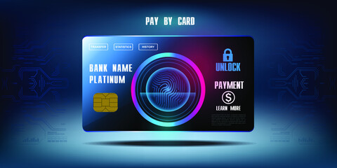 Credit card on futuristic cyber background. Business concept. Online payment by card. Access and login via touch ID. The concept of protecting your electronic money account. Vector