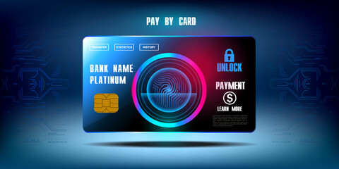 Credit card on futuristic cyber background. Business concept. Online payment by card. Access and login via touch ID. The concept of protecting your electronic money account. Vector