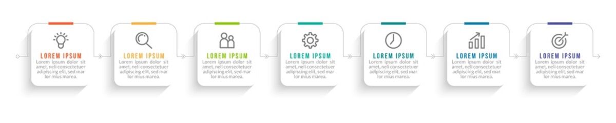 Minimal Business Infographics template. Timeline with 7 steps, options and marketing icons .Vector linear infographic with seven conected elements. Can be use for presentation.