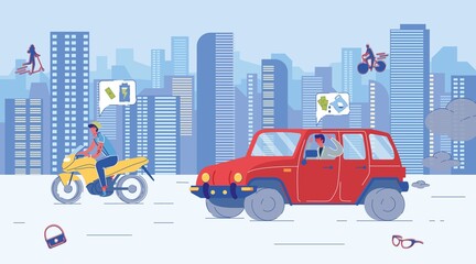 Guy Riding Economic Electric Motorcycle. Angry Man Driving Gasoline Car and Seeing Lack of Fuel. Alternative Ecological Transport Versus Traditional Petrol Auto on Road. Vector Illustration