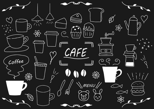 手書き カフェ コーヒー 素材 イラスト セット 黒板 チョーク 線画 Stock Illustration Adobe Stock