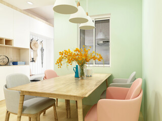 There are tables and chairs in the dining room of Nordic style