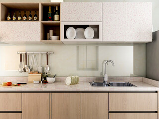 Fototapeta na wymiar The modern clean kitchen has clean kitchen utensils and countertops
