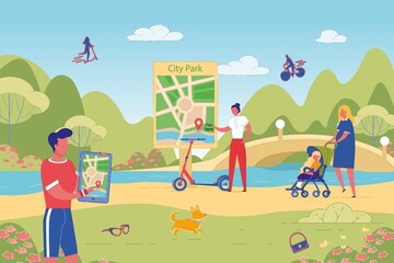 Mobile Map Navigation Application. Man Use Smart App on Digital Tablet to Find Location. City Park Landscape with Visitor. Traditional Garden Road Scheme Plan to Navigate People. Vector Illustration