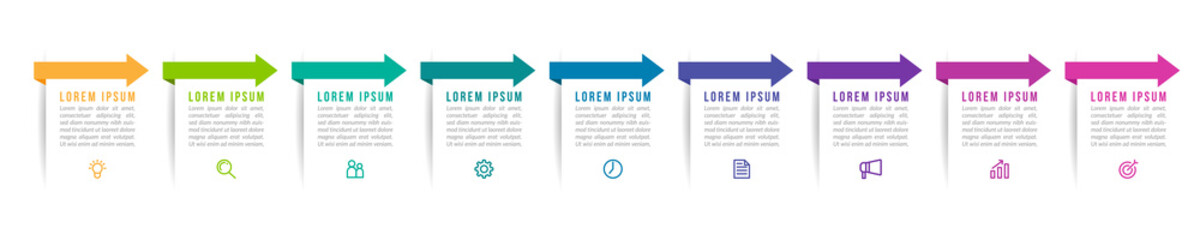 Minimal Business Infographics template. Timeline with 9 steps, options and marketing icons .Vector linear infographic with nine conected elements. Can be use for presentation.