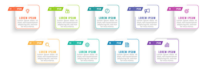 Minimal Business Infographics template. Timeline with 9 steps, options and marketing icons .Vector linear infographic with nine conected elements. Can be use for presentation.