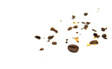 Coffee beans break into small piece close-up on white background