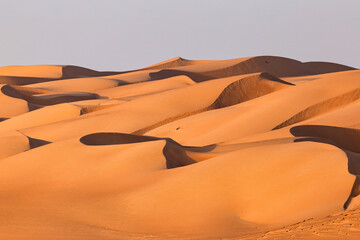 Fototapeta na wymiar A desert landscape with sand dunes at sunrise in an Arabian desert.