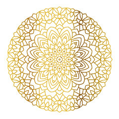 Mandala with golden gradient. Luxury ornamental in gold color. Round ornament, repeating elements.	
