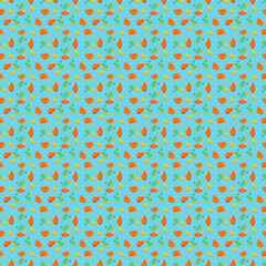 Pattern with pumpkin seeds and flowers.Blue background and bluish green twig.