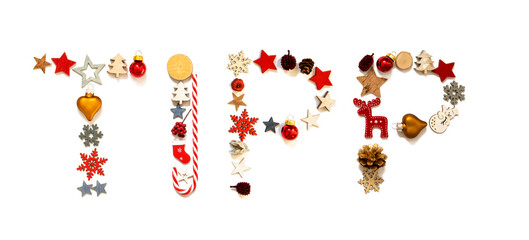 Colorful Christmas Decoration Letter Building German Word Tipp Means Tips. Festive Ornament Like Christmas Tree, Star And Ball. White Isolated Background