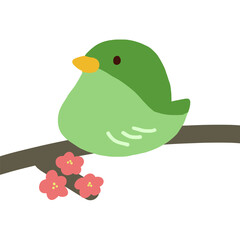 桃色の花と枝に乗る緑色の鳥