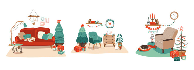 Scandinavian interior with December home decorations.tree, gift, candles.Cozy Winter holiday season. illustration in Hygge style.Christmas decorated living room with fireplace,christmas tree