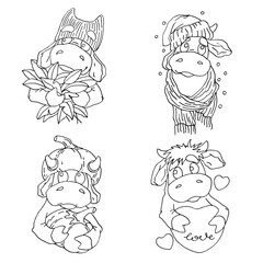 Set of cartoon bulls in clothes. Coloring book template for holiday cards, flyers, banners. Vector illustration.
