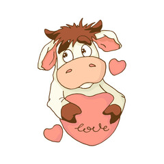 Valentine's Day. The bull holds the heart in its paws. Cartoon vector illustration in flat style.
