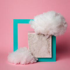 Blue and pink podium with marble cube on pastel background. Concept scene stage showcase, for product, promotion, sale, banner, presentation, cosmetic and fashion. Minimal showcase mock up concept.