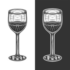 Vintage retro woodcut wine glass. Can be used like emblem, logo, badge, label. mark, poster or print. Monochrome Graphic Art. Vector Illustration..