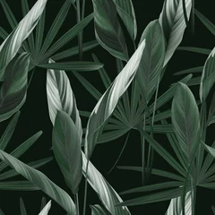 Foto op Plexiglas Foliage seamless pattern, heliconia Ctenanthe oppenheimiana plant and Rhapis excelsa in green on dark green © momosama