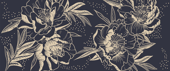 Luxury peony background vector with golden metallic decorate wall art © babeer