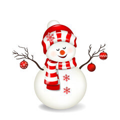 Snowman with red hat and scarf, isolated on white.