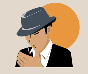 An adult man in a hat wearing a black coat is smoking.  Vintage illustration design concept.