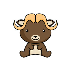 Cute business musk ox icon on white background. Mascot cartoon animal character design of album, scrapbook, greeting card, invitation, flyer, sticker, card. Flat vector stock illustration.