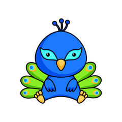 Cute business peacock icon on white background. Mascot cartoon animal character design of album, scrapbook, greeting card, invitation, flyer, sticker, card. Flat vector stock illustration.