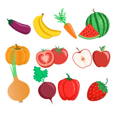 Vegetables and fruits. Watermelon, pumpkin, carrot, tomato, apple, onion, eggplant, banana, strawberry, beet, pepper. Vector illustration