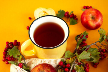 Red garden organic apples, hawthorn berries and cup of hot spiced tea on an orange background. Autumn still life