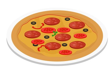 Colorful round pizza on plate with tomato, olives, salami isolated on white background. Italian cuisine, fast food.