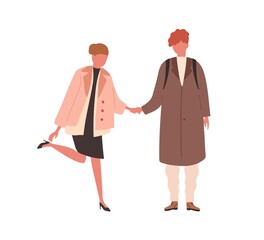 Couple in casual clothes on romantic date. Girlfriend in heels holding her boyfriend hand. Trendy pair of young people in love together. Flat vector cartoon illustration isolated on white background