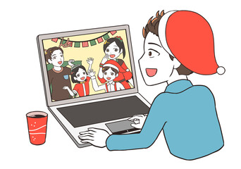 オンラインでクリスマスに参加する男性　表情アップ
