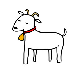 赤い首輪と黄色いベルを付けた白いヤギ