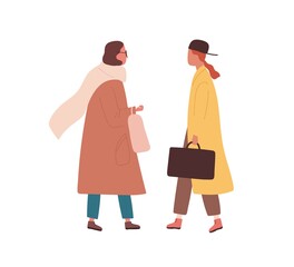 Friends meeting. Trendy women in stylish outwear talking together outdoors. Female characters in trendy clothes standing together. Flat vector cartoon illustration isolated on white background