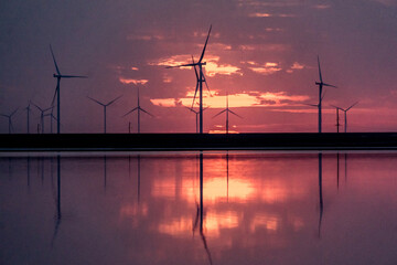 Wind farm on the Pink lake in Ukraine