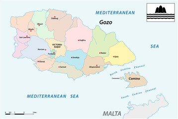 vector administrative map of the two maltese islands Gozo and Comino with flag, Malta