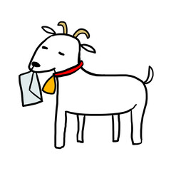 手紙を食べる赤い首輪と黄色いベルを付けた白いヤギ