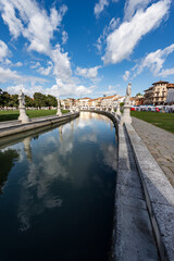 Prato della Valle, famous town square in Padua downtown, one of the largest in Europe. Veneto, Italy. It is an oval square with 78 statues, 4 bridges and an island.